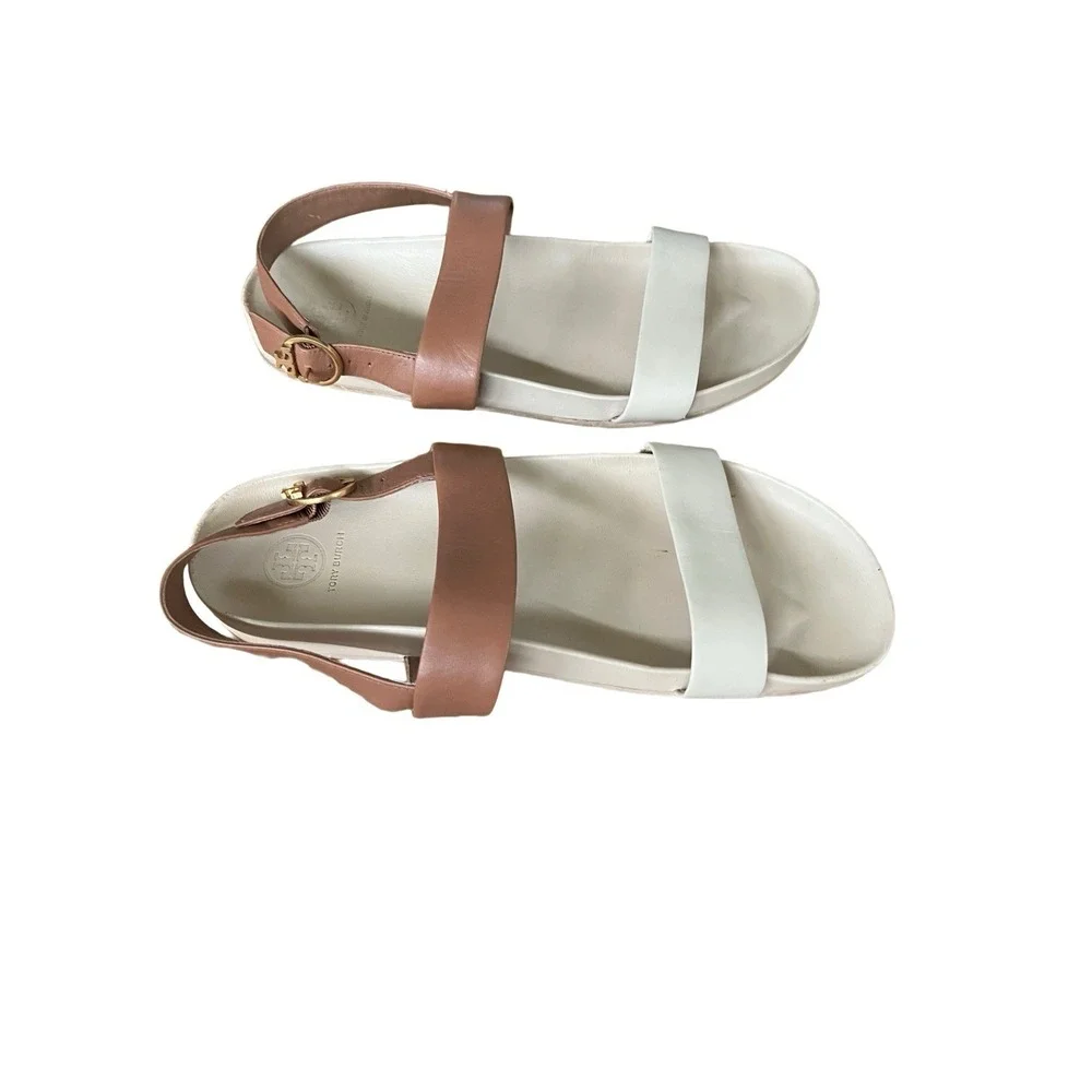 Tory Burch Women's Color Block Strap Sandal Size 10.5 Leather Brown Oatmeal Tan
